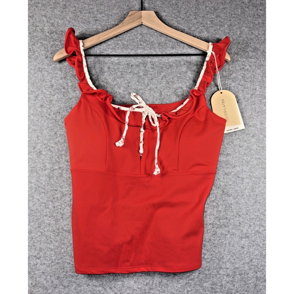 Blogilates Ruffle Lace Up Tie Tank Top Red Scoop Neck Stretch Yoga - XL